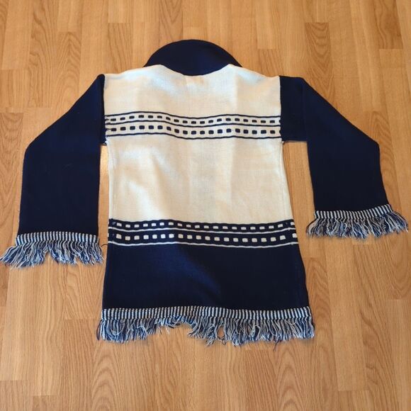 Vintage Omond Fashions Cardigan Sweater Womens Medium Blue White Fringe - Picture 4 of 7